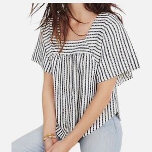 Madewell Navy and White Flutter Sleeve Blouse